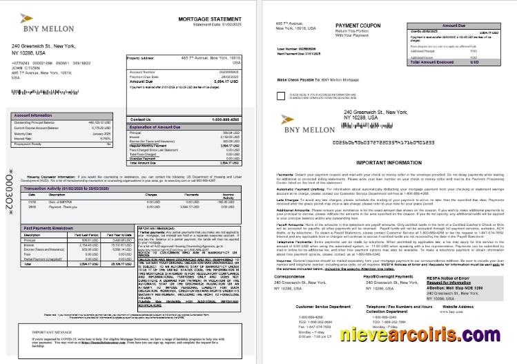 USA Bank of New York Mellon bank mortgage statement 1-2